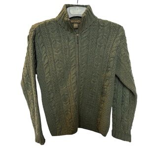Inis Crafts Women's Green Cable Knit Wool Cardigan Sweater Size Medium